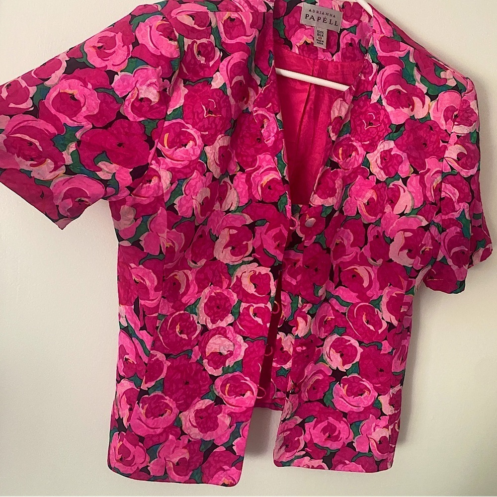 Vintage 100% Silk Pink Floral Blouse Button-Up Shirt Padded Shoulder Cottagecore - Picture 7 of 14
